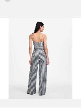 Madewell Pleated Wide-Leg Jumpsuit Pinstripe Linen Navy White Stripe 00